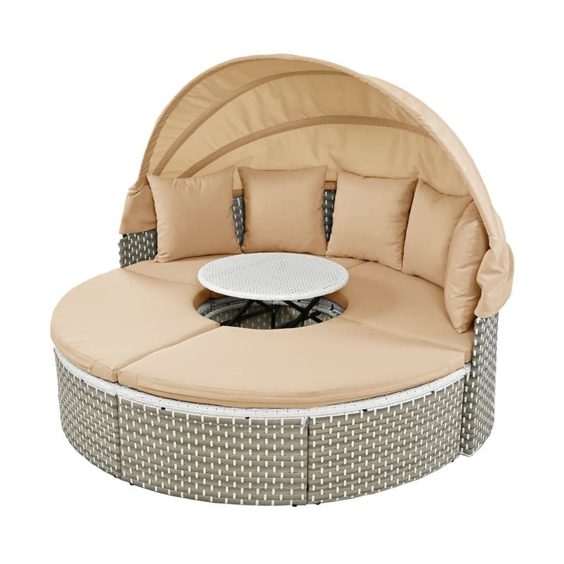 Round Patio Sectional Sofa Set – Two-Tone Rattan Daybed with Retractable Canopy & Modular Seating‌
