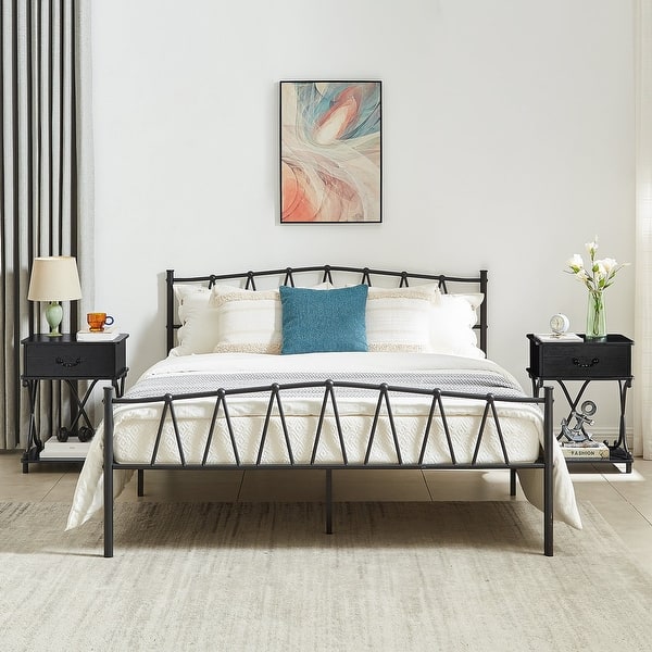 Industrial Bedroom Set of 3 Full/Queen Platform Bed Frame and 1Drawer