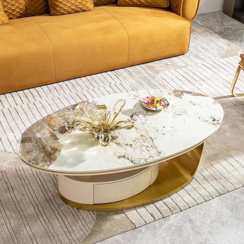 Modern Coffee Table, Sintered Stone Coffee Table with 2 Drawers and Stainless Steel Base, for Living Room
