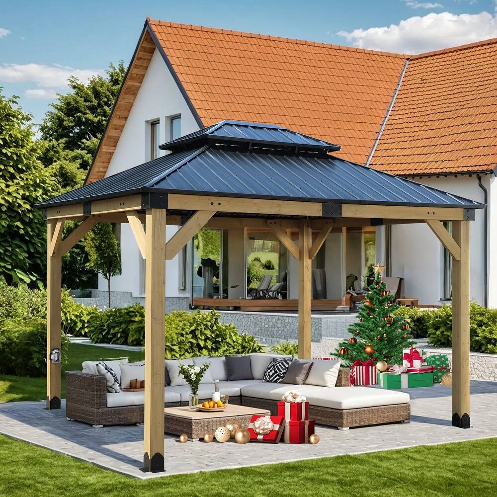 Aoodor 10 x 12 ft Wooden Frame Gazebo with 2-Tier Galvanized Metal Hardtop Roof, Outdoor Patio Gazebo with Charging Socket