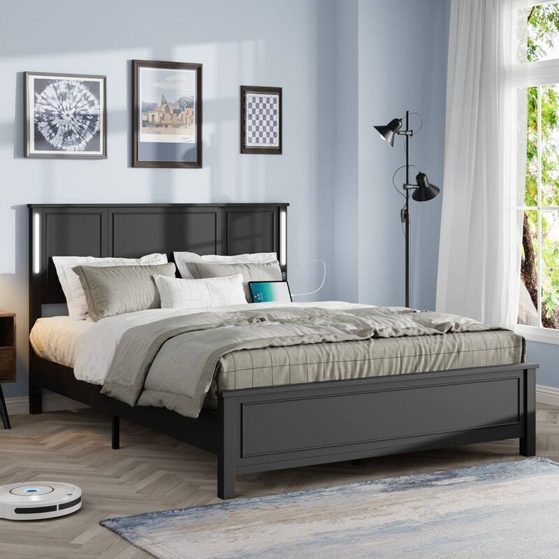 Platform Bed Frame with Wood Headboard and Footboard,Charging Station and LED Lights