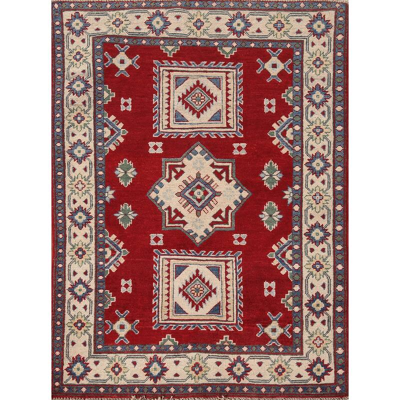Geometric Red Kazak Oriental Accent Rug Handmade Wool Carpet - 3'3"x 4'6"