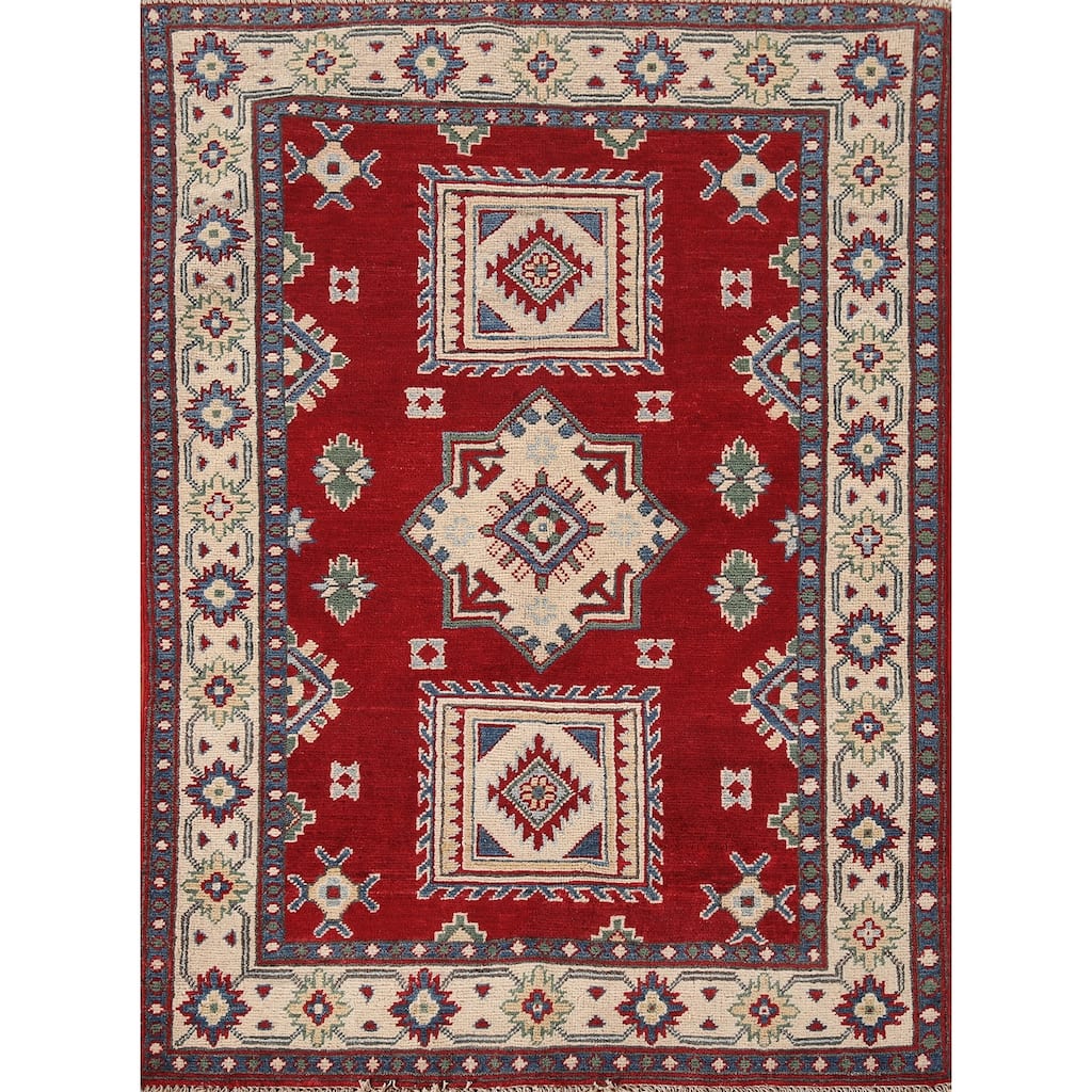 Geometric Red Kazak Oriental Accent Rug Handmade Wool Carpet - 3'3"x 4'6"