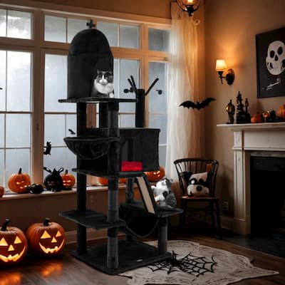 Gothic Cat Tree with 2 Cat Condos and Spooky Dangling Ball for Indoor Cats in Black - 24" x 19.5" x 67"