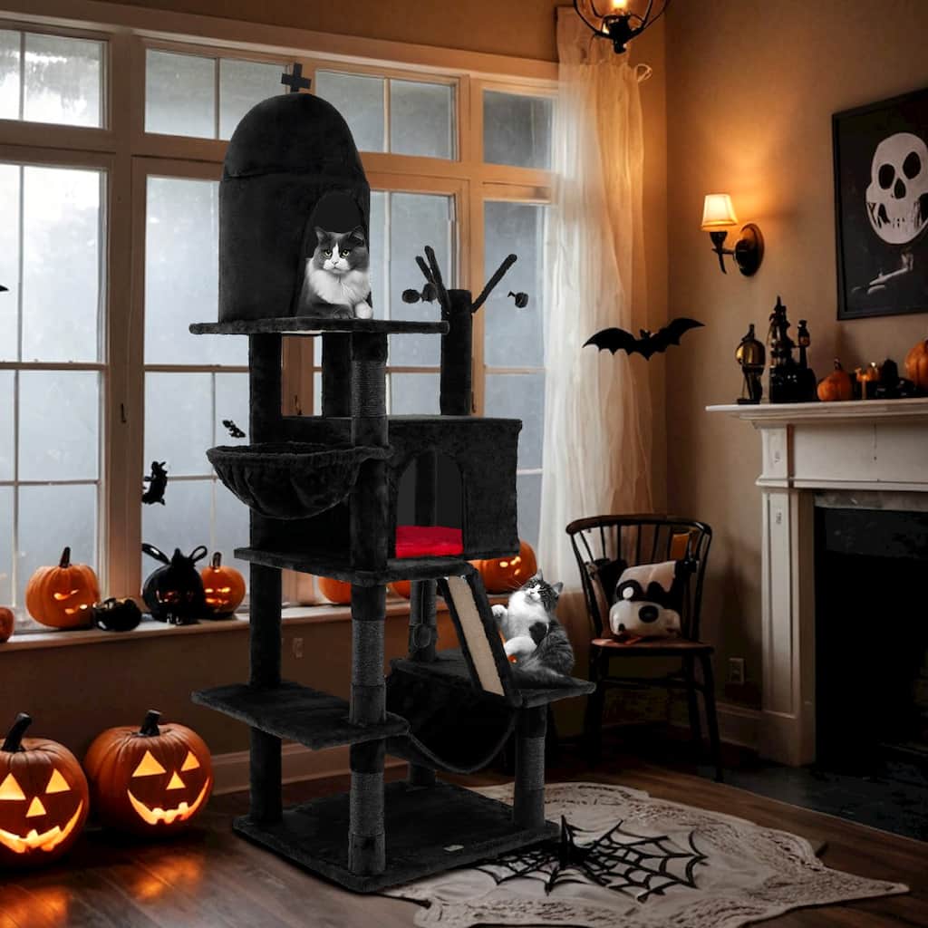 Gothic Cat Tree with 2 Cat Condos and Spooky Dangling Ball for Indoor Cats in Black - 24" x 19.5" x 67"