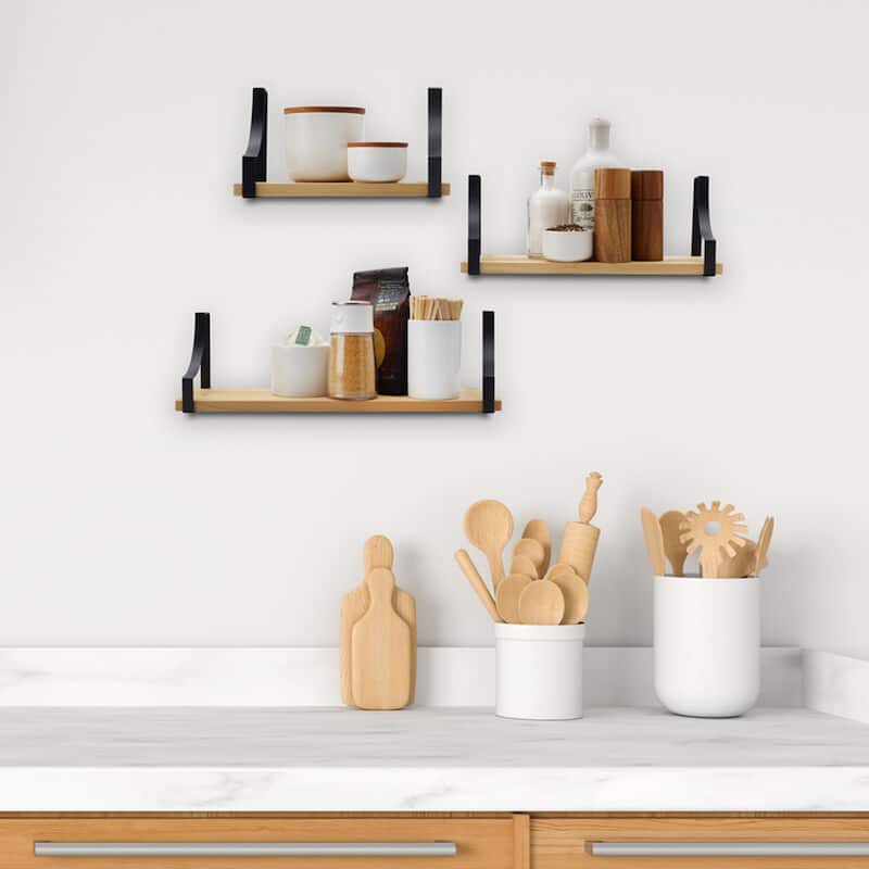 Melannco Set of 3 Floating Wood and Metal Curve Wall Shelves, 18, 14, 10 Inch, Natural