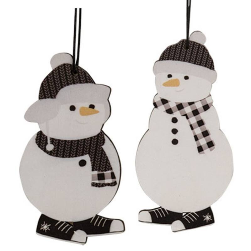 Set of 2 Wooden Snowman Ornaments with Black White Sneakers and Grey Winter Scarves - 2-2.5” Wide x 4-5” High