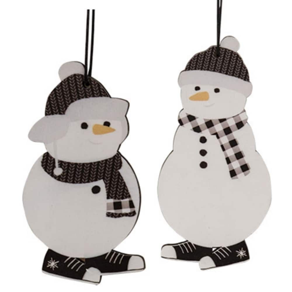 Set of 2 Wooden Snowman Ornaments with Black White Sneakers and Grey Winter Scarves - 2-2.5” Wide x 4-5” High