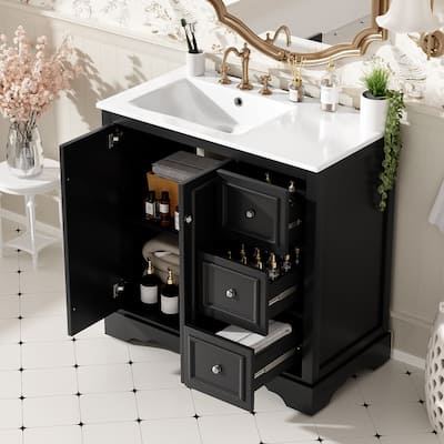 36" Transitional Bathroom Vanity with Ceramic Sink - 2 Soft-Close Doors, 3 Drawers (1 Divided), U-Shaped Shelf, Painted Finish