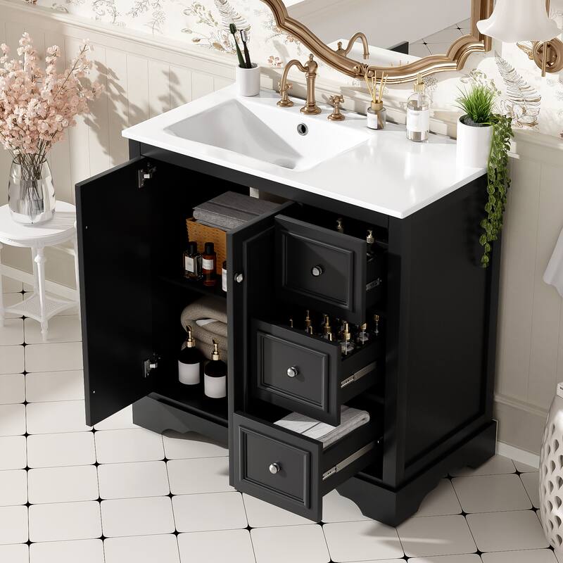GDFStudio - Seren Bathroom Vanity with Ceramic Sink, Soft-Close Door, Shelf & 1 Drawer - 36" - Black