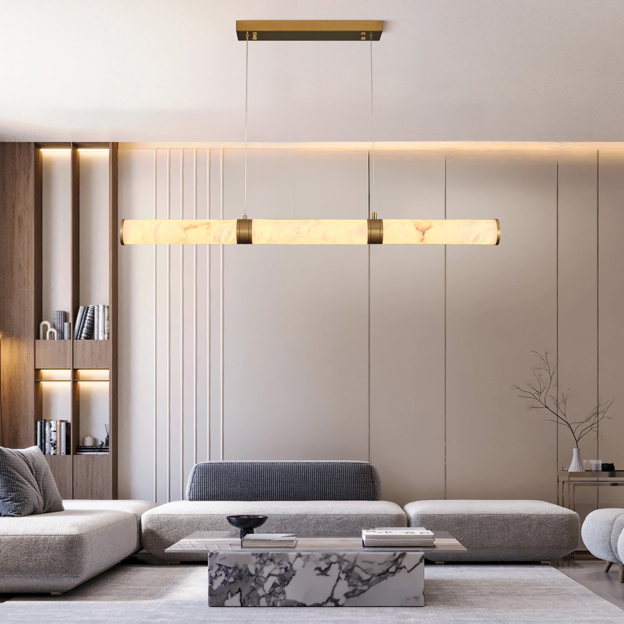 KAYLA L47.2in Alabaster Chandelier，Brass LED Chandeliers
