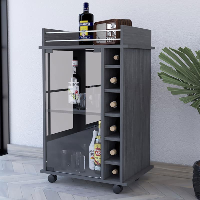 Sleek Bar Cart with Glass Door, Six Wine Cubbies, Locking Casters, Top Shelf - Carbon Espresso