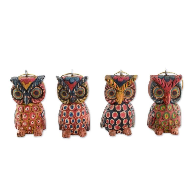 Wood ornaments, 'Charming Owls' (set of 4) - 3" H x 1.8" W x 1.2" D
