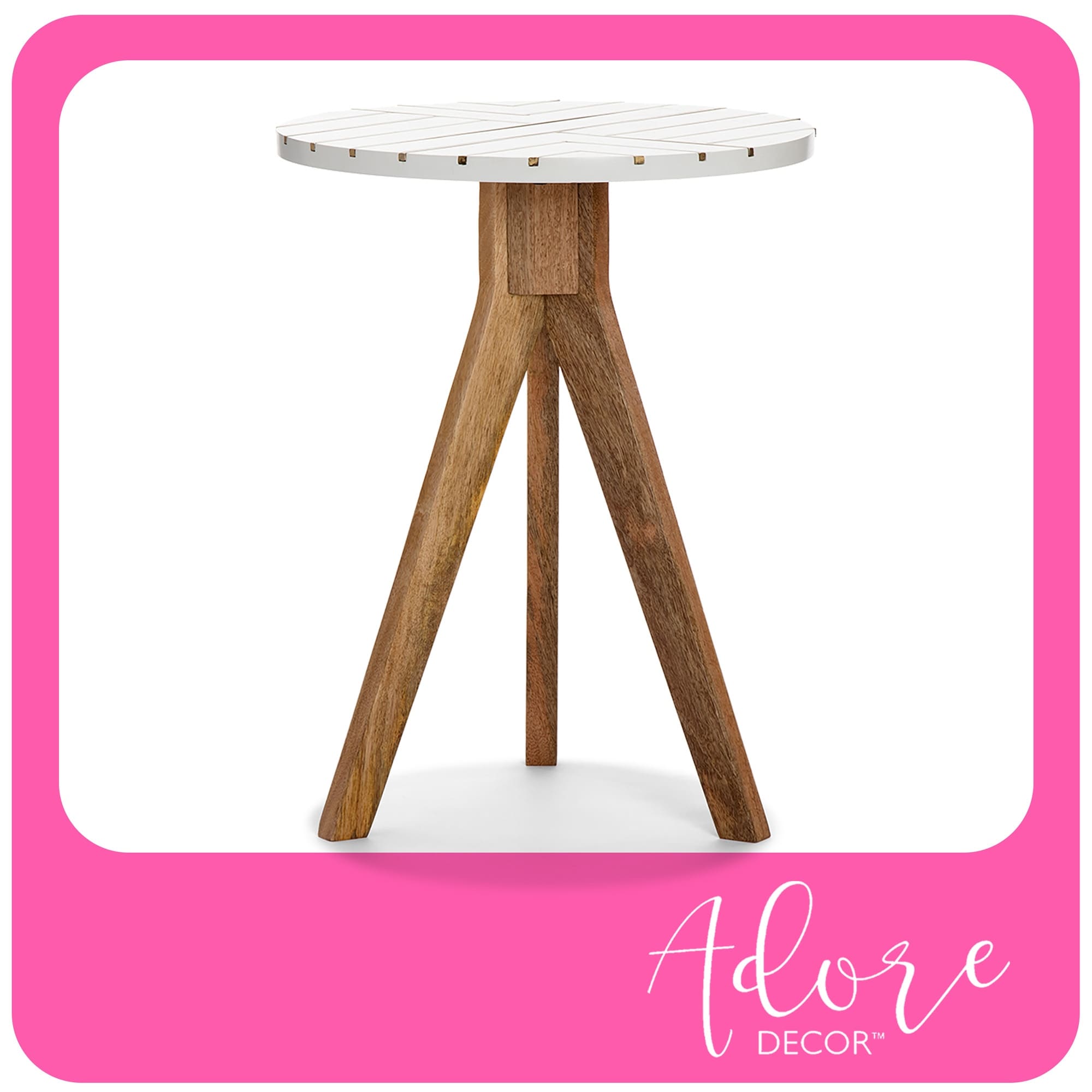 Adore Decor Amari Round Side Table Brass Inlay Top with Solid Wood Legs Modern Eclectic Living Room Accent Furniture Fully Assembled White 