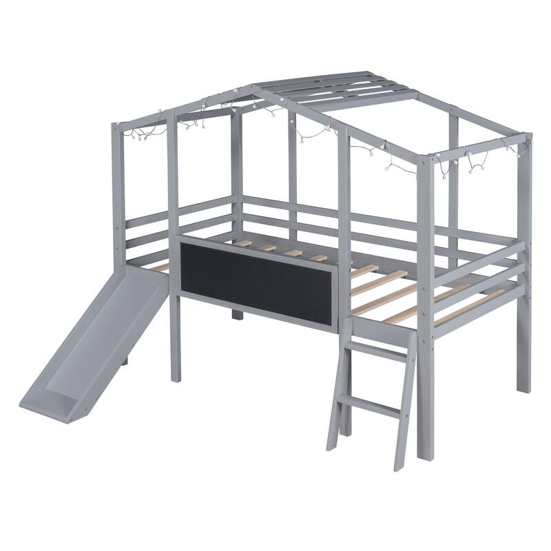 Twin Loft Bed with Slide, Ladder, Blackboard, and Roof Light Strip, Gray