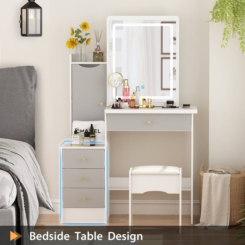 Makeup Vanity Set with Sliding Lighted Mirror & Stool - Hidden Shelves - 33"L x 15.7"W x 52.4"H