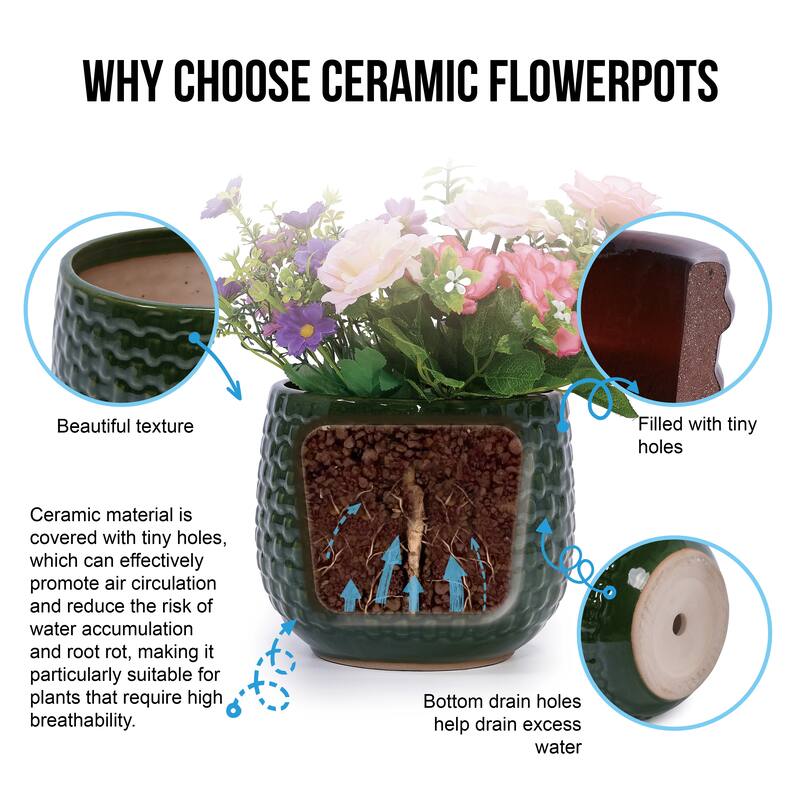 Set of 3 Ceramic Planters Geometric Texture for Orchids and Succulents