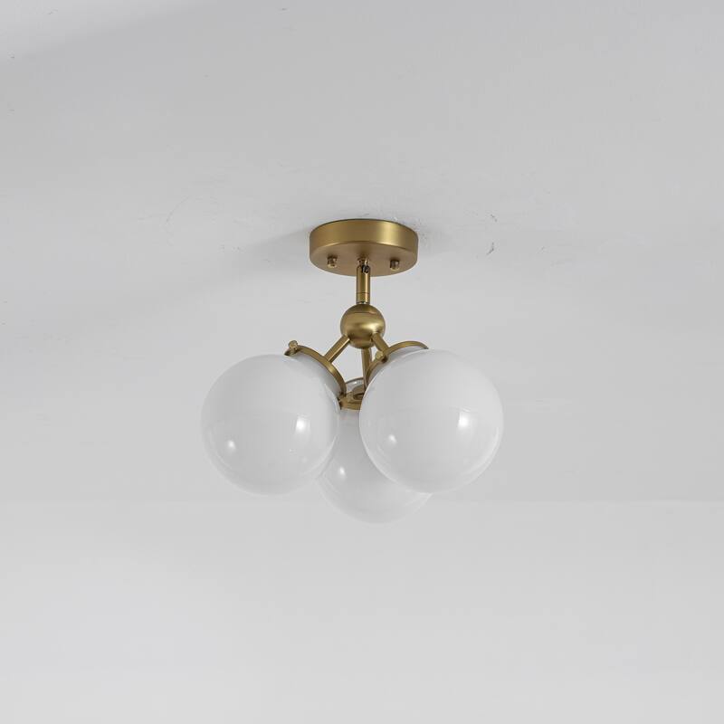 3-Light 14.2" W Mid-Century Modern Brushed Gold Chandelier with Opal Glass Bubble Globe Shades for Living Room, Bedroom