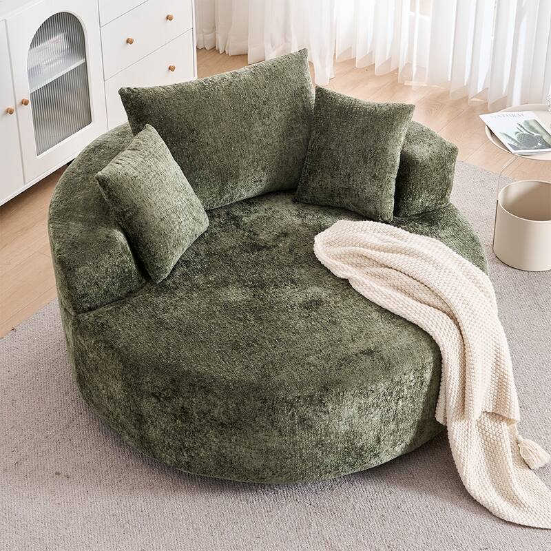 Round Accent Chair with High-Resilience Cushions, Swivel Chenille Barrel Chair, Fluffy Sleeper Lounge Chair - Green