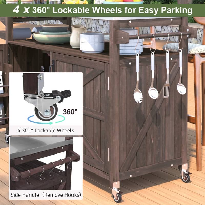 Outdoor Kitchen Island, Solid Wood Storage Cabinet with Stainless Steel Top and Lockable Wheels