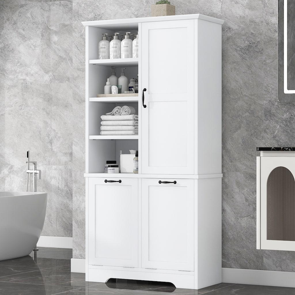 Bathroom Storage Cabinet with Doors, Drawers & Tilt-Out Laundry Hamper.