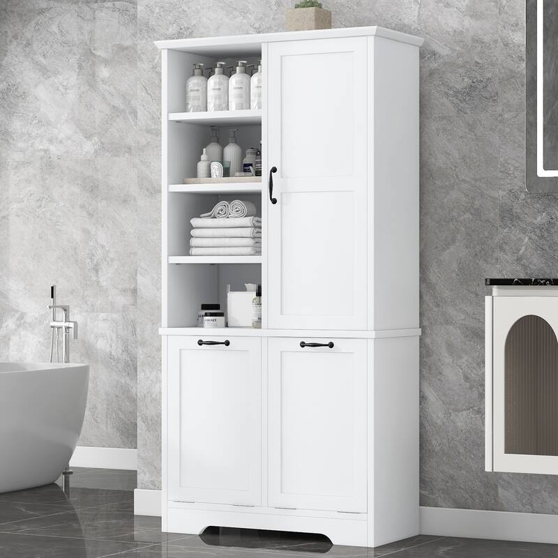 Roomfitters 68" Tall Bathroom Storage Cabinet with Dual Tilt-Out Laundry Hampers - White