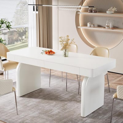 63-Inch Modern Dining Table with 2 Storage Drawers, Rectangular White Glossy Kitchen Table