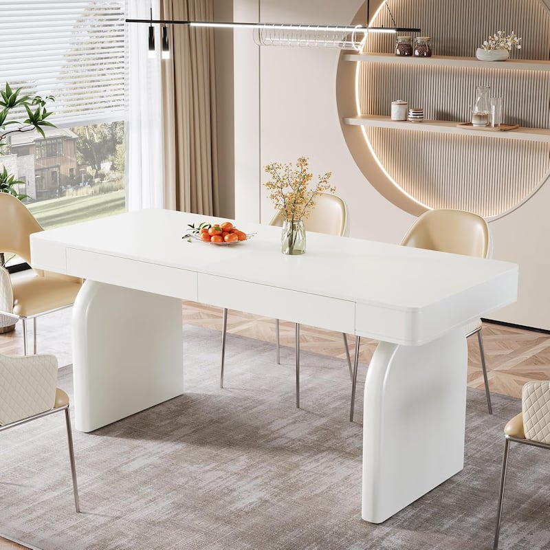 63-Inch White Dining Table with 2 Storage Drawers, Modern Rectangular Glossy Kitchen Table