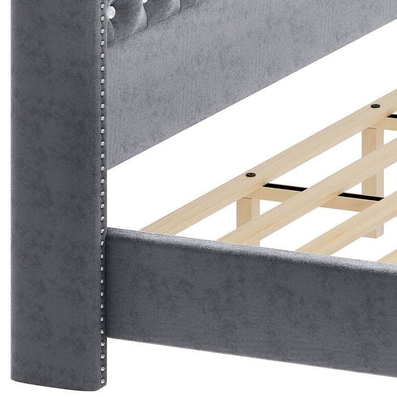 Moasis King Size Velvet Upholstered Bed Frame with Storage Headboard with USB Charging Stations