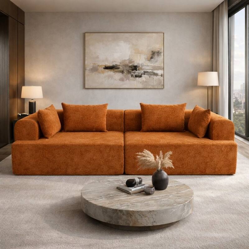 96" Boucle Fabric Sectional Sofa with Four Pillows, No Assembly Required - Orange