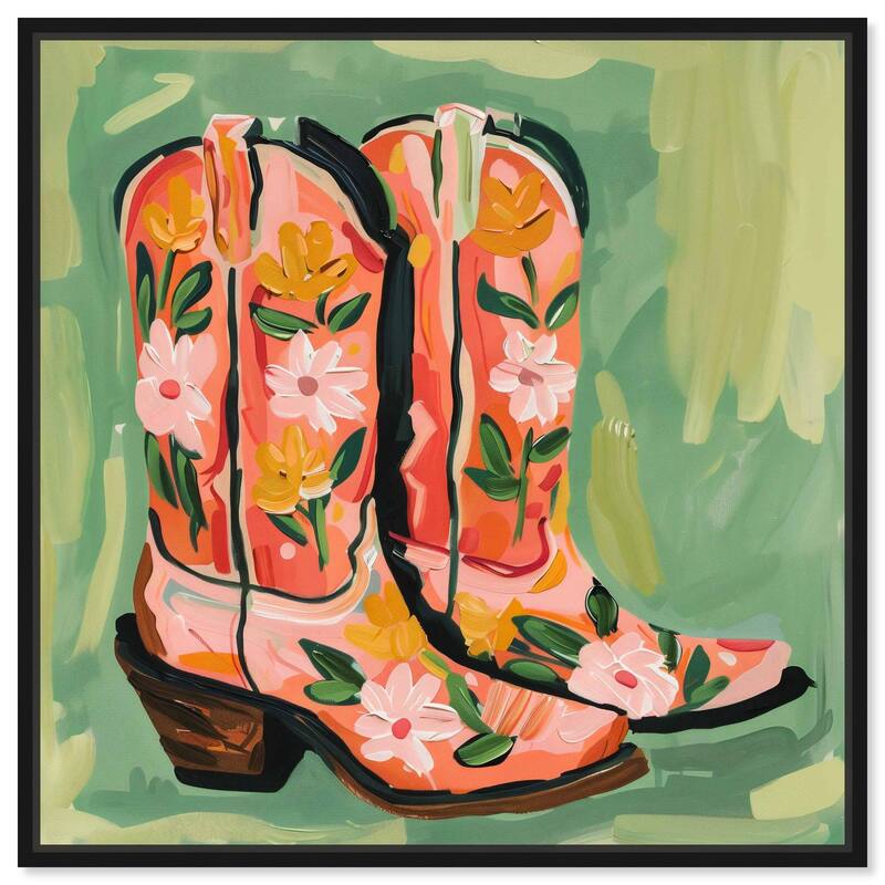 Wildflower Cowboy Boots Canvas by Art Remedy - Black - 24" x 24"