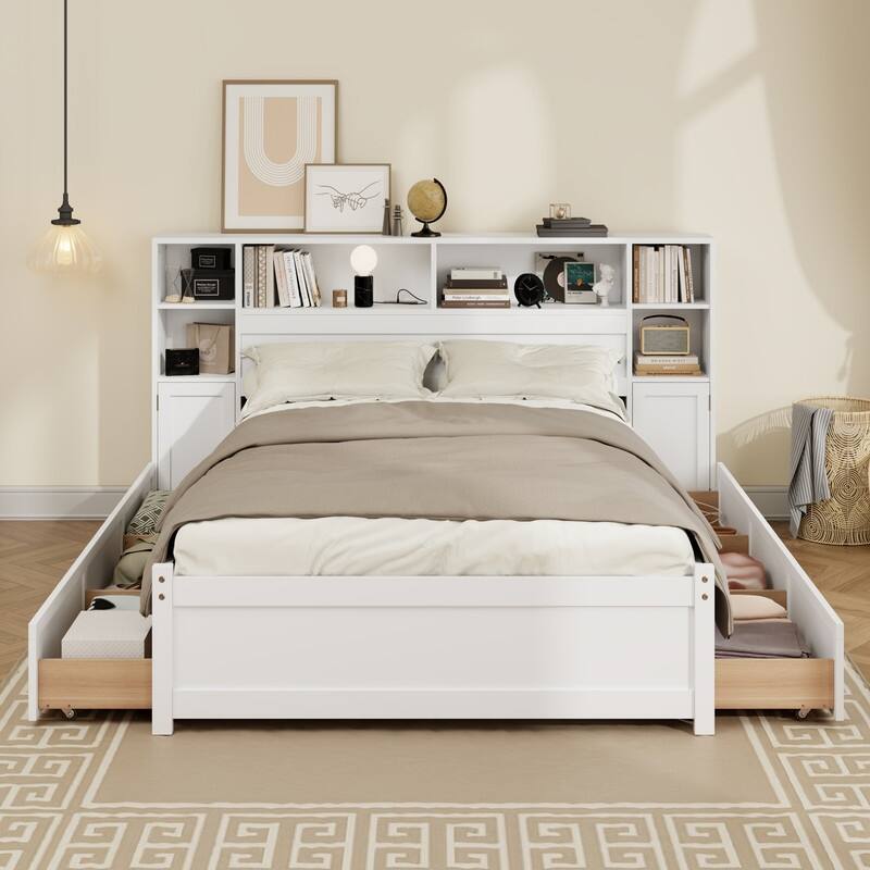 Twin Size Wooden Platform Bed with Bookcase Headboard, 6 Drawers and Charging Station