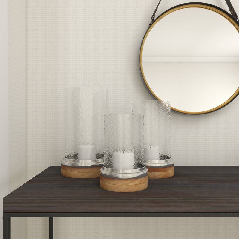 Brown Wood Pillar Hurricane Lamp with Glass Candle Holders (Set of 3)