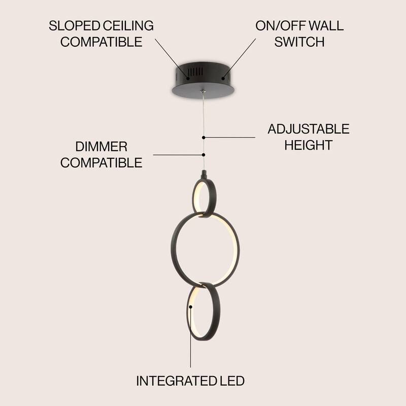 Orbit 7.75" Adjustable Integrated LED Metal Ring Pendant, Black by JONATHAN Y
