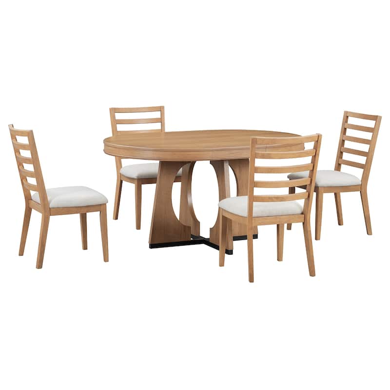 5-Piece Retro Dining Table Set, Extendable Round Table with Removable Leaf
