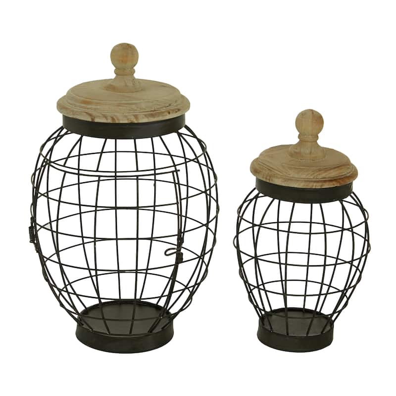 Metal Caged Style Decorative Jars with Wood Lids - Set of 2 Black - Roche River Decor - 9"W x 9"L x 15"H