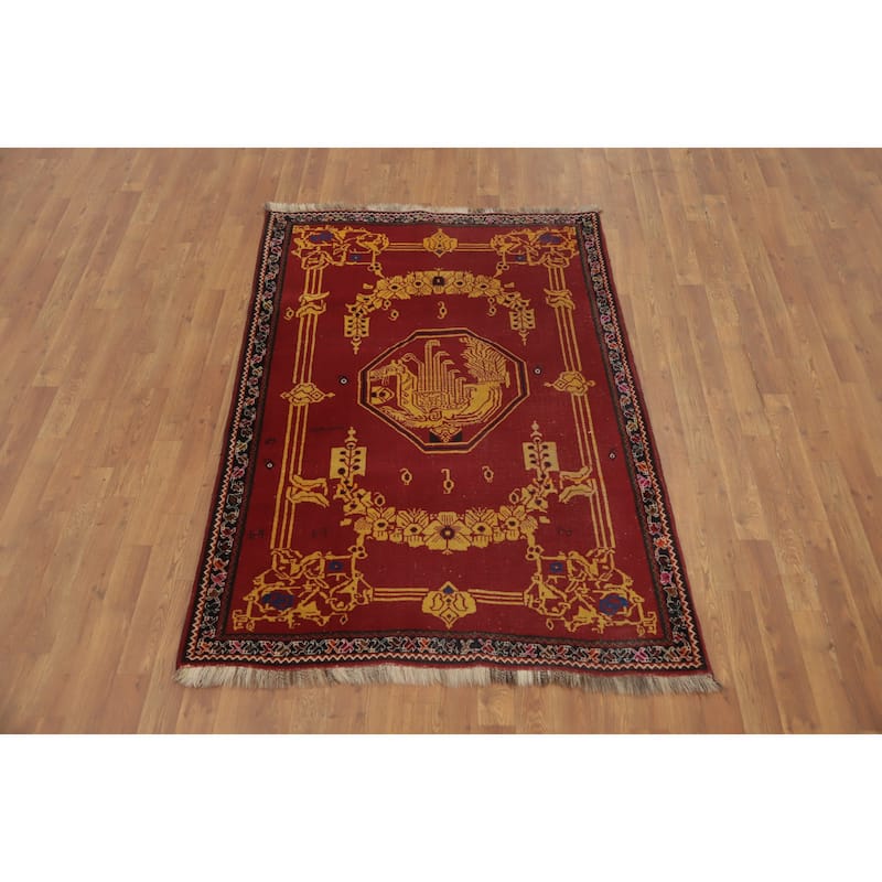 Hand Knotted Oriental 100% Wool Carpet Traditional Medallion Red Shiraz Area Rug - 5' 9'' X 4' 0''