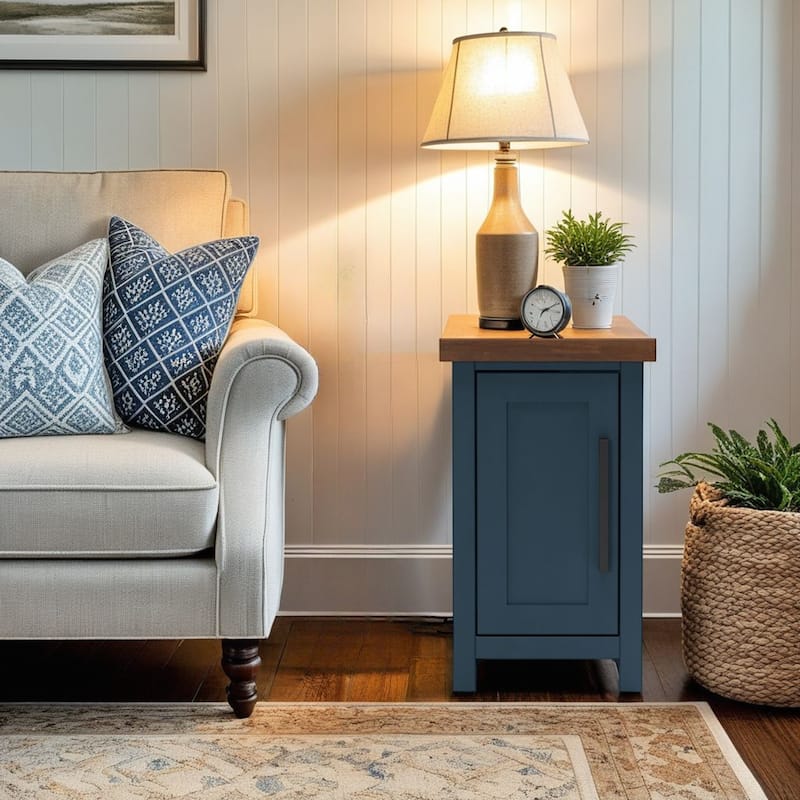 Bridgevine Home Nantucket 14 inch Chairside Table, No Assembly Required, Blue Denim and Whiskey Finish - Blue Denim and Whiskey - Wood