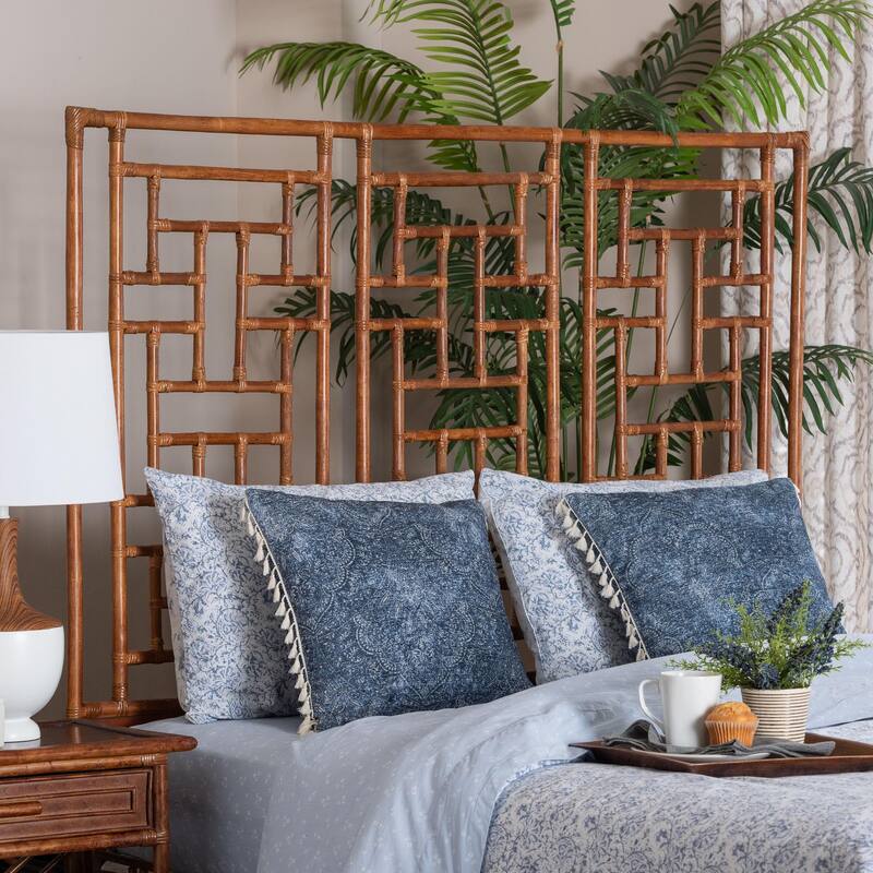 Jamuna Marbled Tortoise Natural Rattan Headboard - Handcrafted Coastal Boho Style Bedroom Backdrop