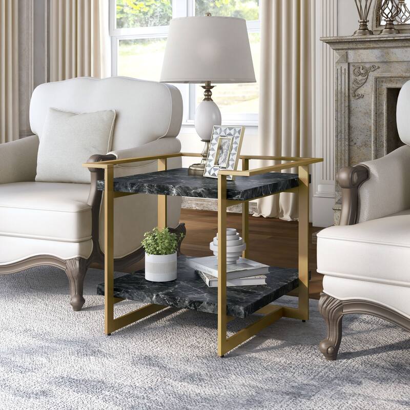 Lovell Glam Gold and Black 27-inch Faux Marble 1-Shelf Side Table by Furniture of America