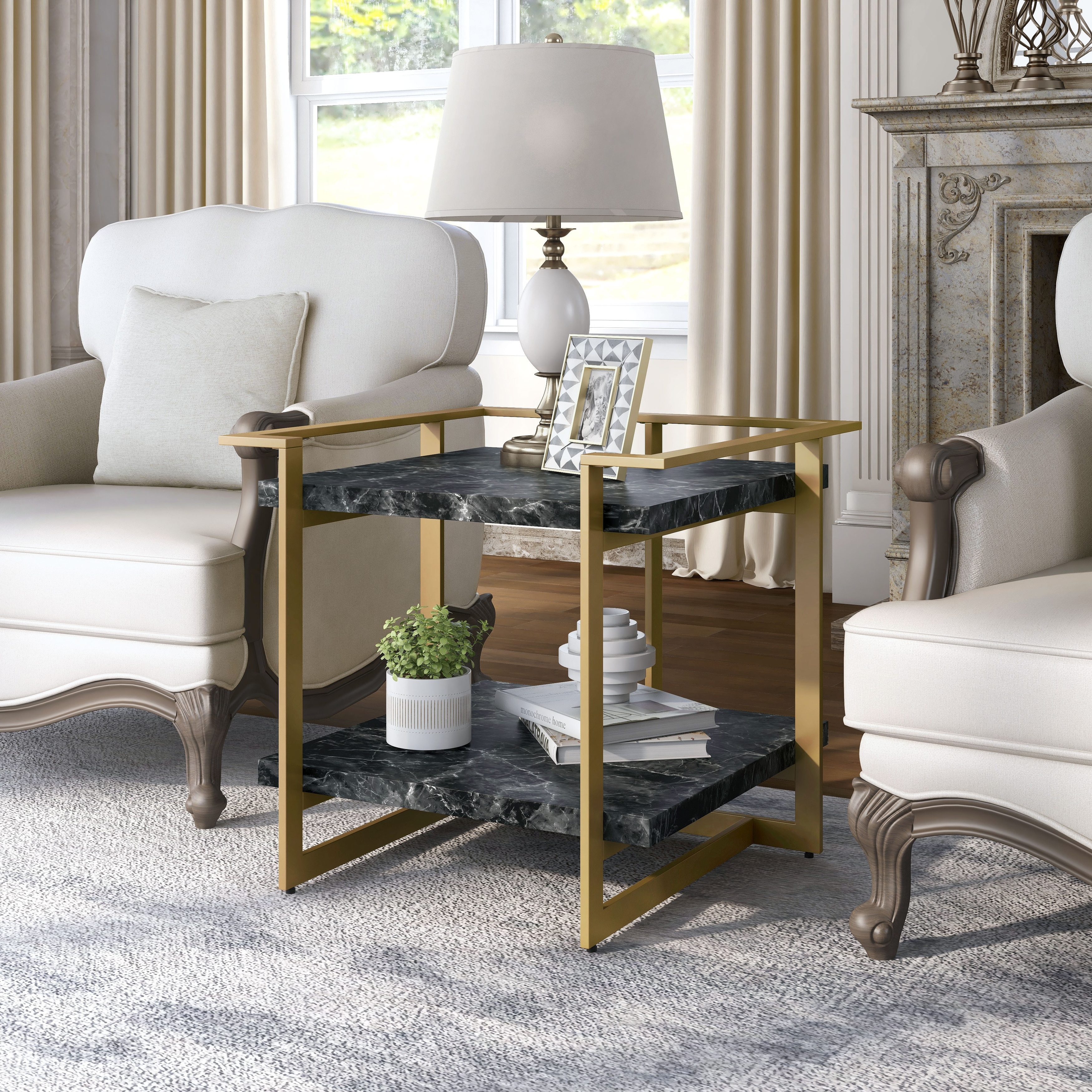 Furniture of America Lovell Glam Gold and Black 27-inch Faux Marble 1-Shelf Side Table