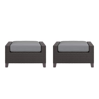 Kyl Outdoor Ottoman Set of 2, 29 Inch Gray Cushioned Top w Woven Frame