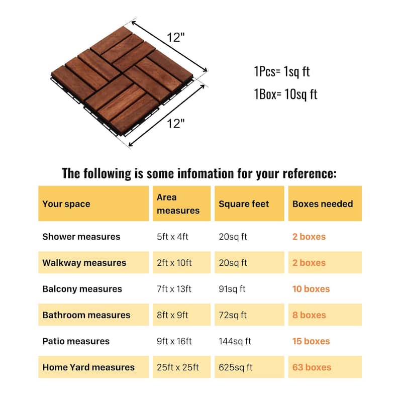 12"x12" Acacia Wood Interlocking Deck Tiles - Checker Pattern, Outdoor