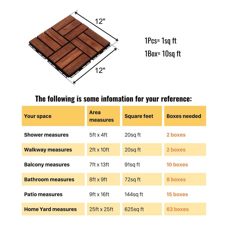 Acacia Wood Interlocking Deck Tiles Checker Pattern, 10PCS 12" x 12" Square Brown Acacia Hardwood Outdoor Flooring