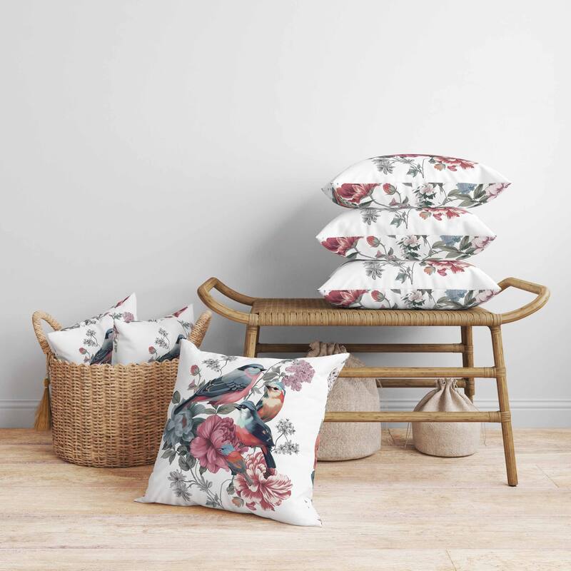 Petal Perched Birds Faux Suede Reversible Throw Pillow White and Pink