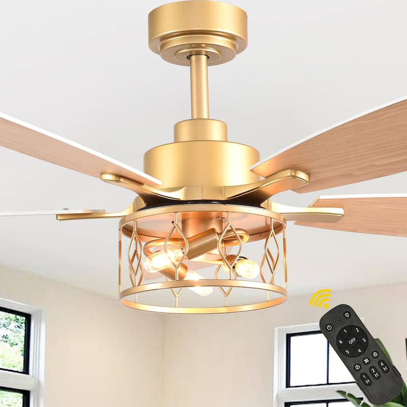 Bella Depot 52" Modern Gold Ceiling Fan with Light and Remote 6-Speed Large Caged Ceiling Fan