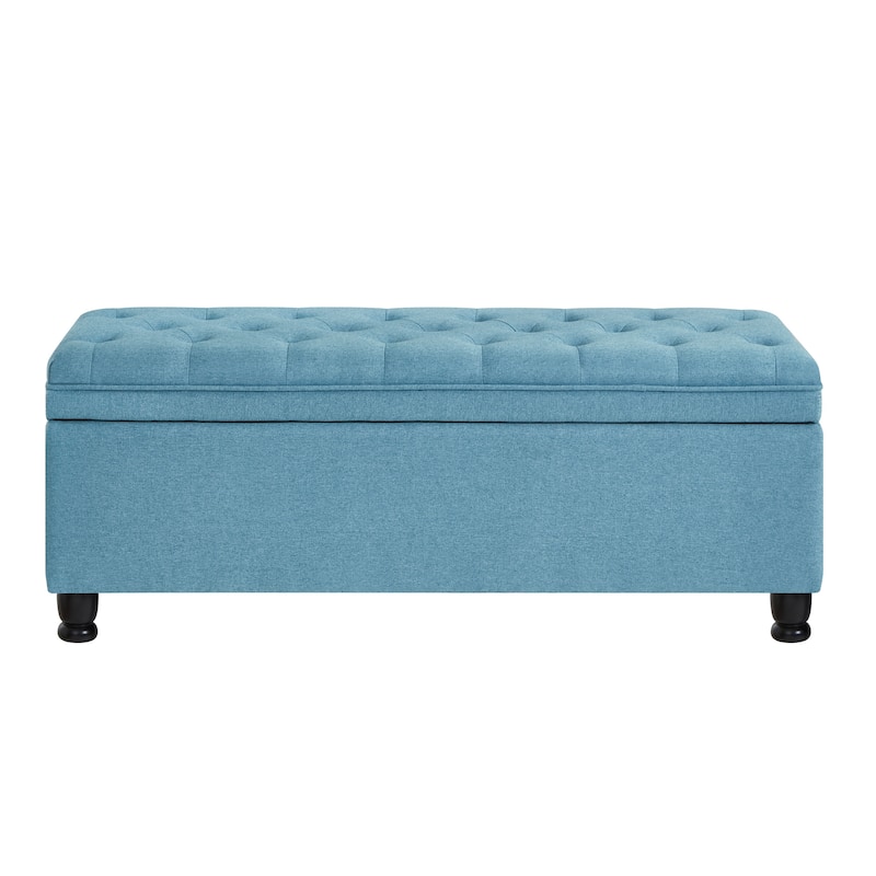 Upholstered Storage Ottoman, Linen Tufted Entryway Storage Bench with Wooden Legs for Living Room, Bedroom