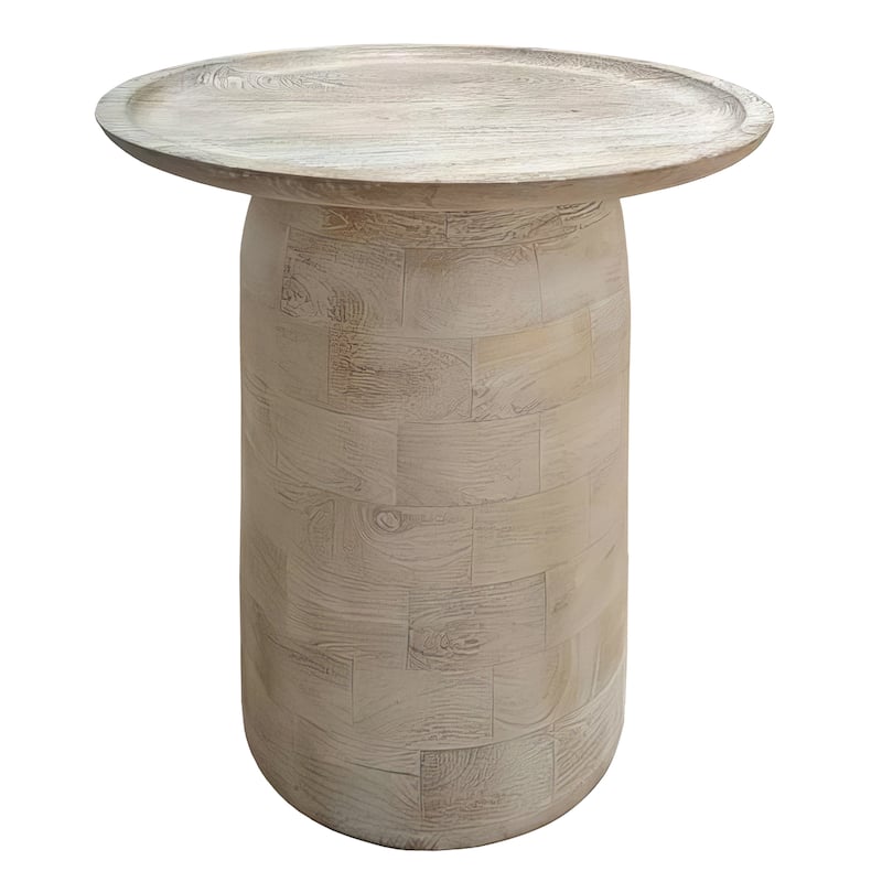 Joana Side End Table, Sandblasted Distressed White Mango Wood, 17 Inch Round Top