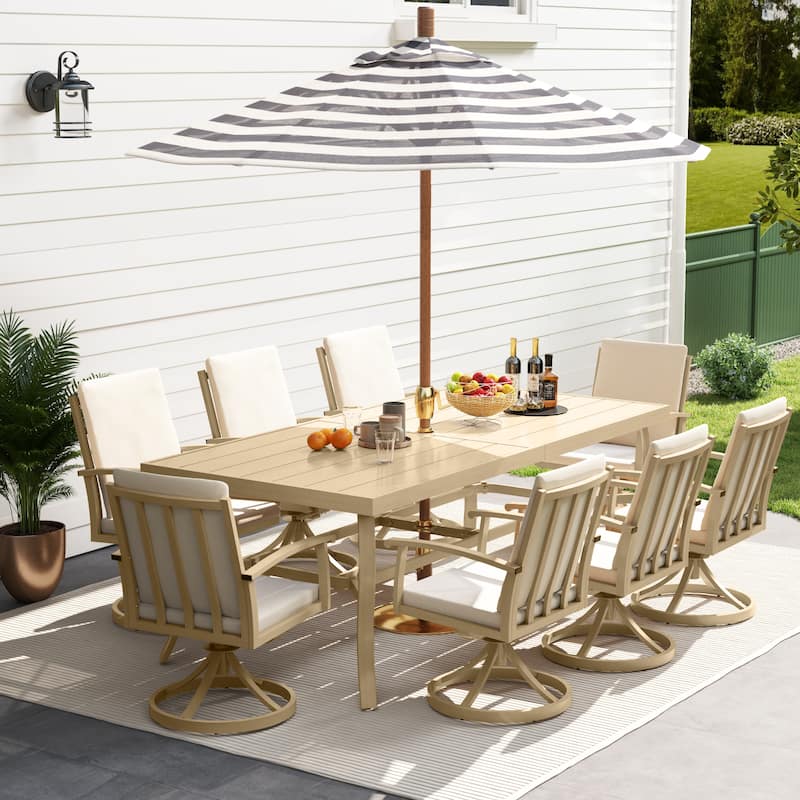 EGEIROS LIFE AluLux 9-Piece Aluminum Patio Dining Set with 8 Swivel Dining Chairs and Washable Cushions