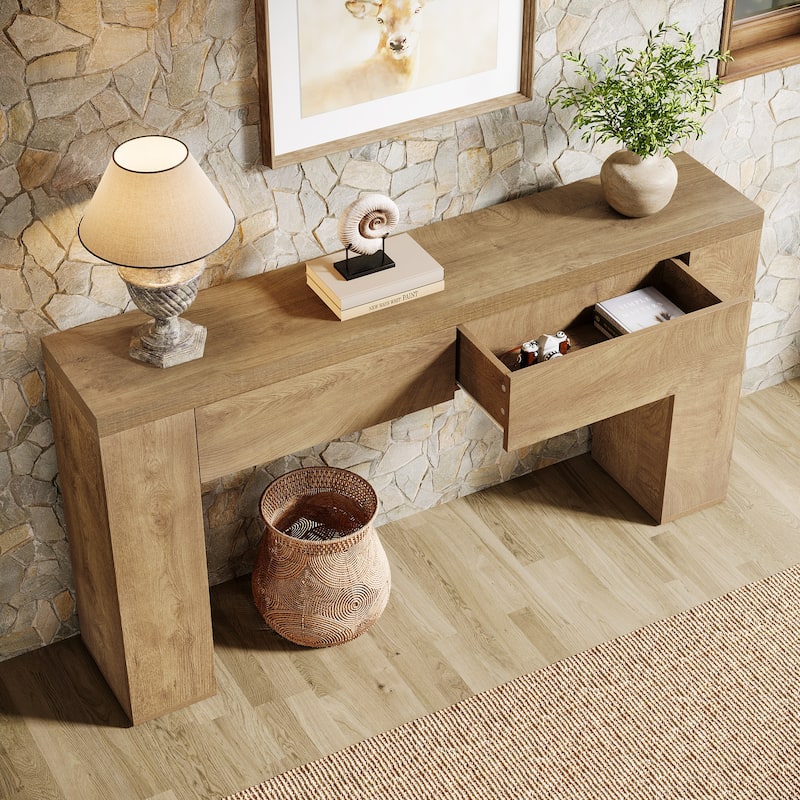 63-Inch Wooden Console Table, Farmhouse Rustic Brown Sofa Table